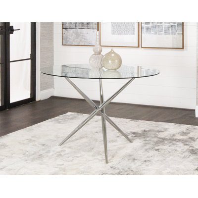  Table de salle à manger Eligant 44 po à dessus rond en verre trempé transparent | Base piédestal géométrique en chrome poli | 2 à 4 places | Mobilier de cuisine contemporain et moderne