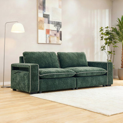 78'' W Green Chenille Square Arm Cloud Loveseat