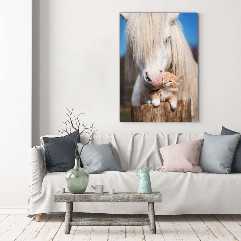 White Horse With A Cat - Wrapped Canvas Print