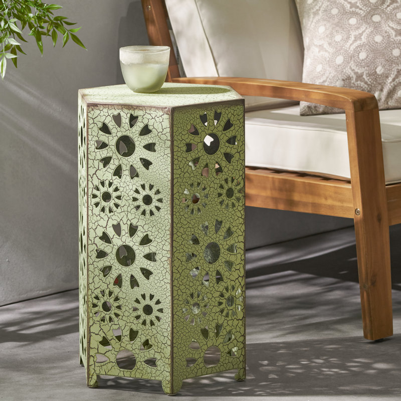 Iron Patio Side Table, Crackle - 14.65"D X 14.65"W 22.01"H, Cut Out Style, Lightweight Design For Outdoor, Green