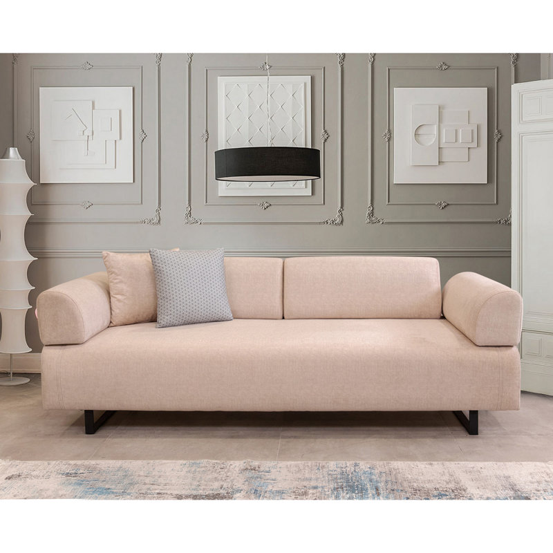 3-Seat Sofa-Bed, Beige Fabric, 86.6 x 35.4 x 31.5 inches | Beech Wood & Chipboard Frame | 100% Polyester, Portable Cushions, Includes 2 Pillows | Fixed Back Cushion, Stylish for Home & Industrial Decor