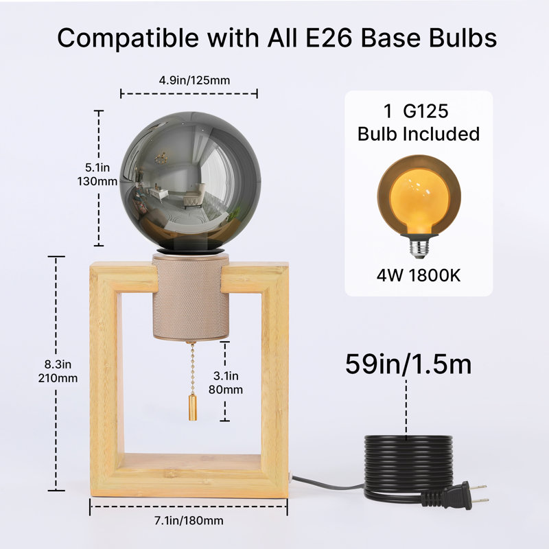 Solid Wood Table Lamp, Small Nightstand Lamp, Desk Lamp, 1 G125 Bulb (1800K Soft White) Included, Ideal for Living Rooms, Bedrooms & Bedside Tables - Plug - in
