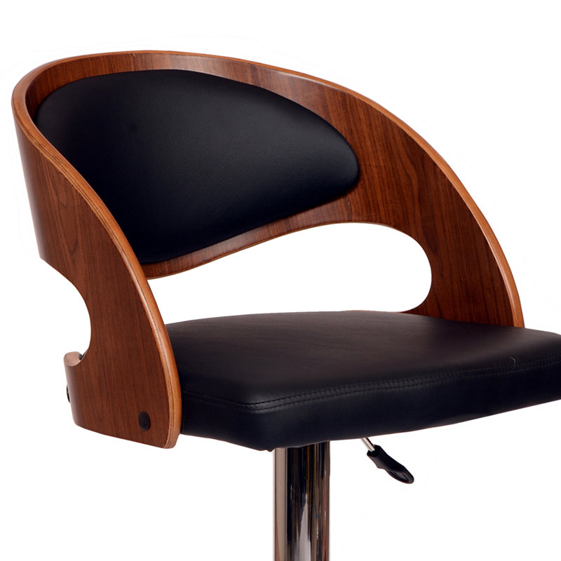 Chaffins Swivel Adjustable Height Barstool in Faux Leather, Chrome Base, Walnut Veneer, Black Faux Leather