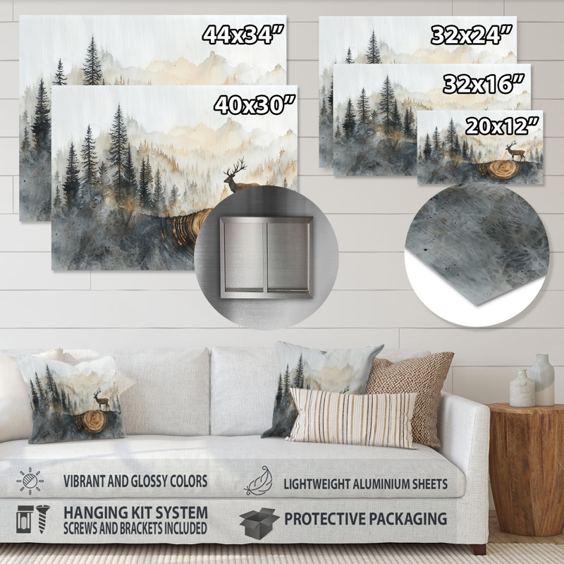 «Deer In Wooden Forest Landscape III - Deer», impression murale en métal, H 12 po x l 20 po