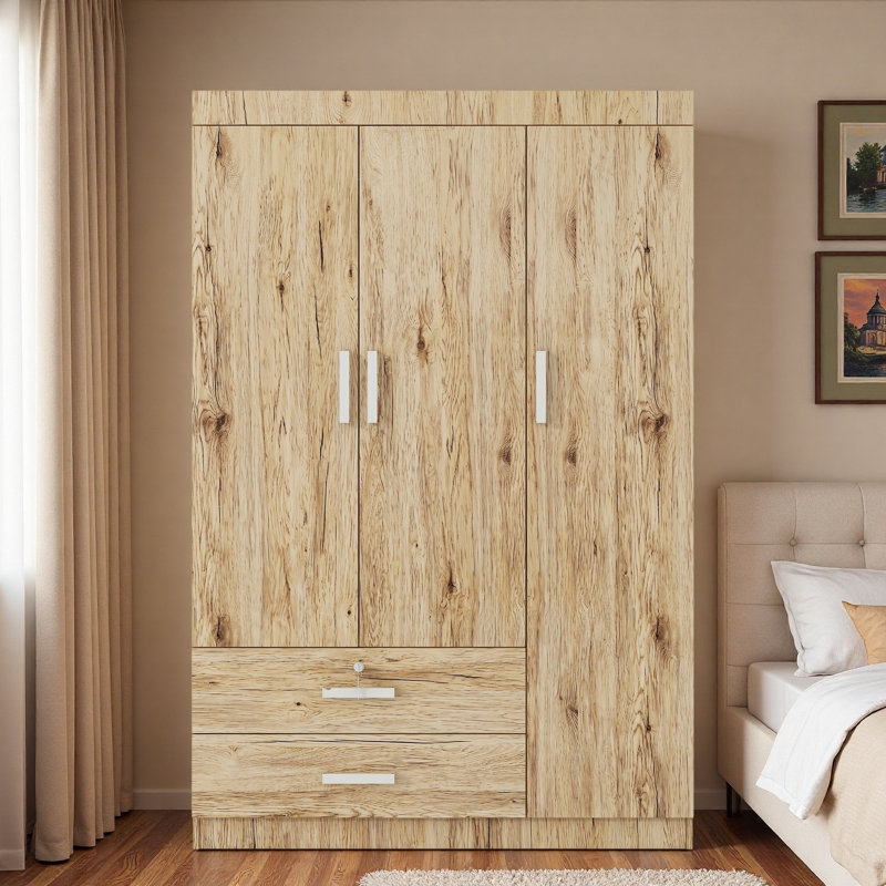 Garde-robe de rangement à 3 portes avec 2 tiroirs et 2 tringles de suspension, Sonoma Oak