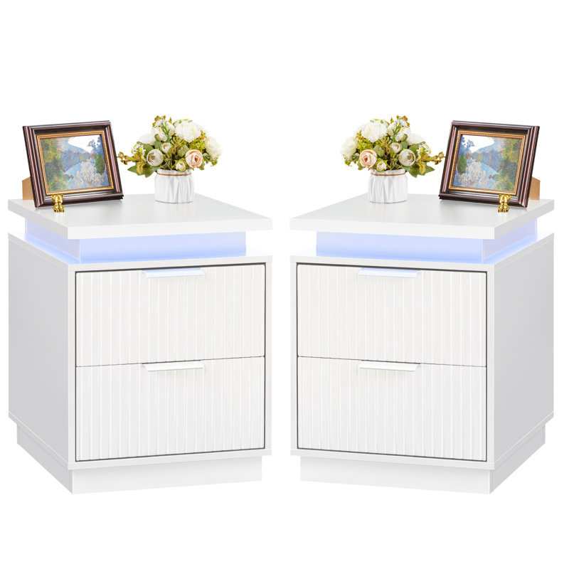 Nightstand with Adjustable Led Light and 2 Drawers, Set of 2, White