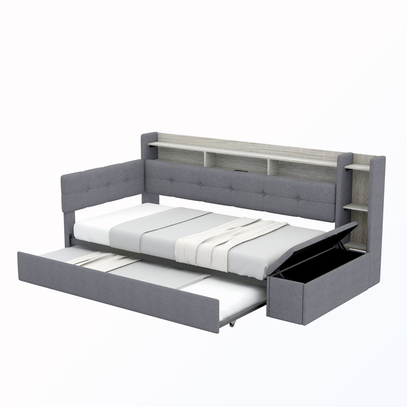 Twin Size LED Light Upholstery Daybed With Storage Footstool And Trundle And USB Charging, Gray, Twin