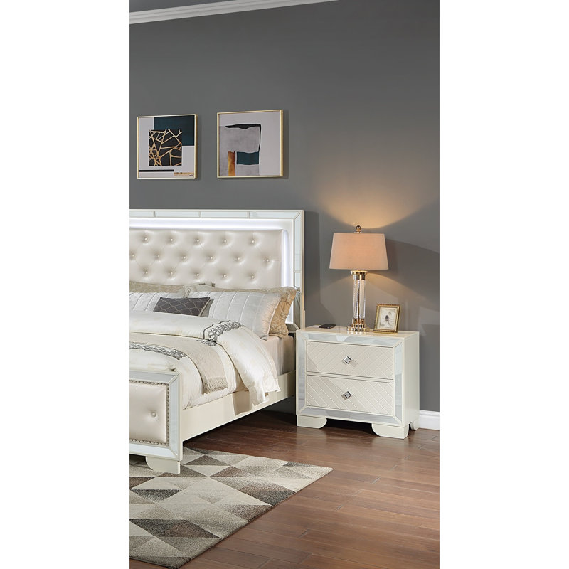 Table de chevet classique Classic Luxury Look avec 2 tiroirs, chargement sans fil et plateau en bois