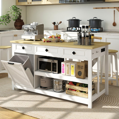Îlot de cuisine de 60 po avec rangement, îlot de cuisine avec poubelle de rangement, prise de courant, grande table d'îlot avec coin salon, armoire à 2 tablettes ouvertes, 3 tiroirs, table de bar à hauteur de comptoir pour la cuisine, la salle à manger