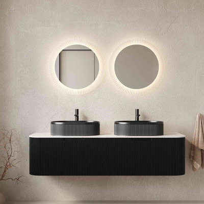 Meuble-lavabo de salle de bain 60 po avec lavabos 60 po, armoire de rangement moderne à bords courbés et rayés avec tiroirs, 2 vasques en céramique noire, pré-assemblé