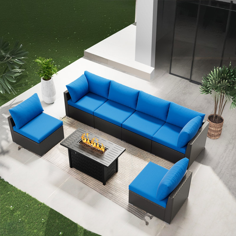 7 Piece Sectional Seating Group With Cushions, Royal Blue