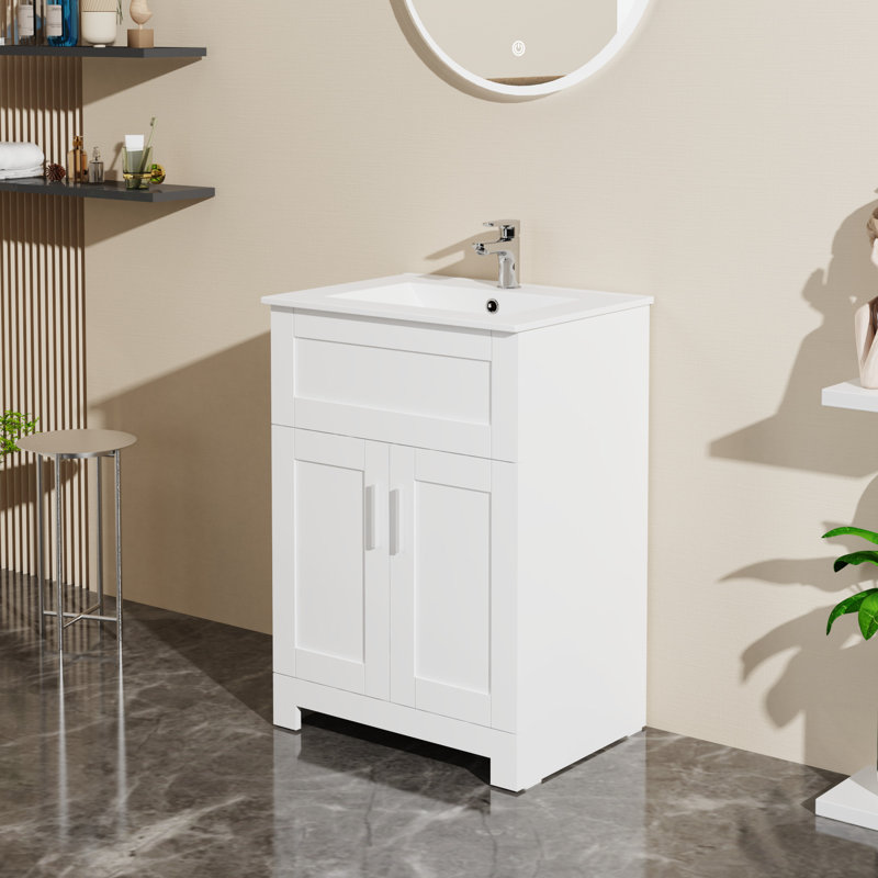 Armoire de salle de bain 24 po, tableau blanc, lavabo en céramique. Style tendance avec rangement abondant. Meuble-lavabo à bonde escamotable, espace de rangement généreux. Installation simple