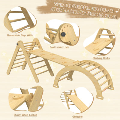 Pikler Triangle Montessori Climbing Set, Foldable Climbing Toys For Toddlers, Arch Ramp, Rock Climber, Slide, Rocker, Wooden Montessori Toys For Toddlers