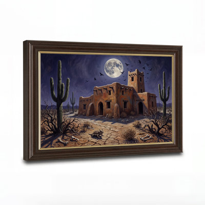 "Adobe" sous la pleine lune avec des cactus de Saguaro, art mural d'Halloween
