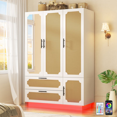 3-Door Armoire Wardrobe Closet With Mirror & LED Lights, 70" Tall Rattan Wardrobe Storage Cabinet With 2 Drawers And Hanging Rod, Large Armoire Clothes Organizer For Bedroom Cloak Room