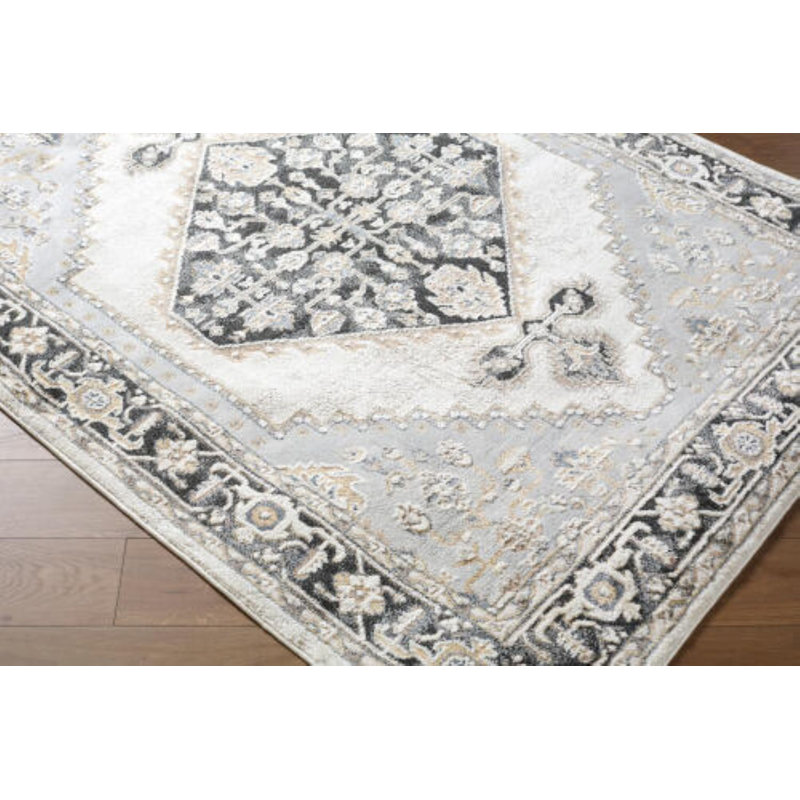 Rectangle Clotilde Oriental Machine Woven Polyester Area Rug in White/Gray/Black, Rectangle 5'3" x 7'