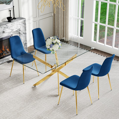 5-Piece Modern Dining Set – Tempered Glass Table With Stainless Steel Base & 4 Velvet Upholstered Chairs