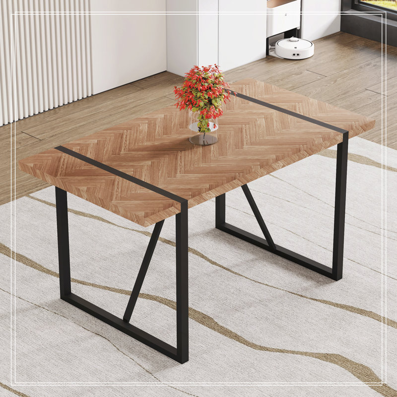 Table de salle à manger rectangulaire avec un dessus spécialement texturé et des pieds en métal noir, Bois