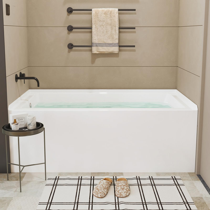 60x32 Inch Acrylic Alcove Bathtub with Overflow, Left Drain Drop-In Soaking Tub, Modern Single Skirt Freestanding Tub for Bathroom Remodel, Durable & Easy Clean