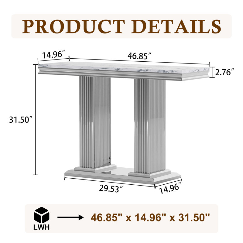 Rectangular Faux Marble Top Stainless Steel Base Console Table, Silver, White