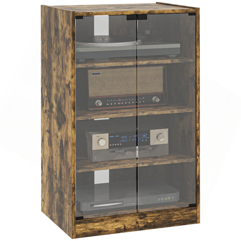 Media Cabinet, 4-Tier Stereo Cabinet, Modern Audio Video Media Stand With Adjustable Shelves, Tempered Glass Doors, And Cable Management, Rustic Brown