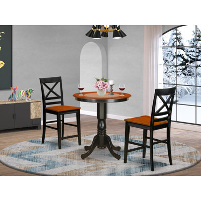 3 Piece Kitchen Counter Height Dining Table Set Contains a Round Wooden Table with Pedestal and 2 Dining Chairs, Black & Cherry