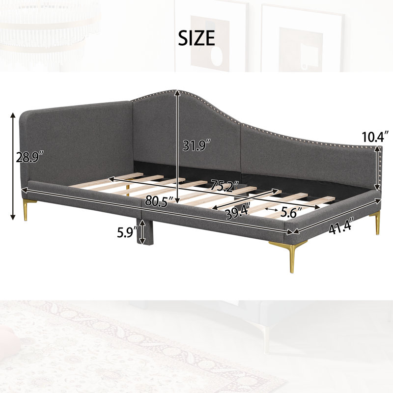 80.5" Daybed with Grey Linen Upholstery - Heavy Duty 550 lbs Capacity Wood Platform Bed Frame - Mid-Century Modern Sofa Bed