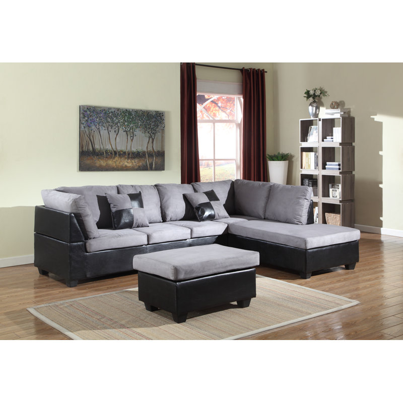 Canapé avec méridienne avec repose-pieds Andria, Microfibre / microsuède gris/noir