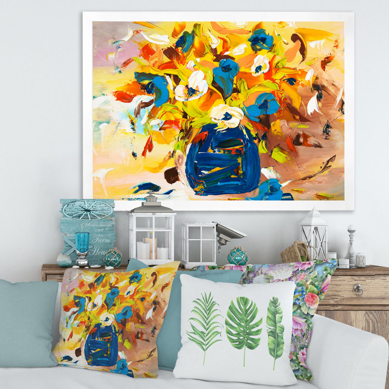 A Vibrant Flower Bouquet in Yellow and Blue - Peinture sur toile encadrée, H 16 po x l 32 po x p 1 po, Toile blanche encadrée