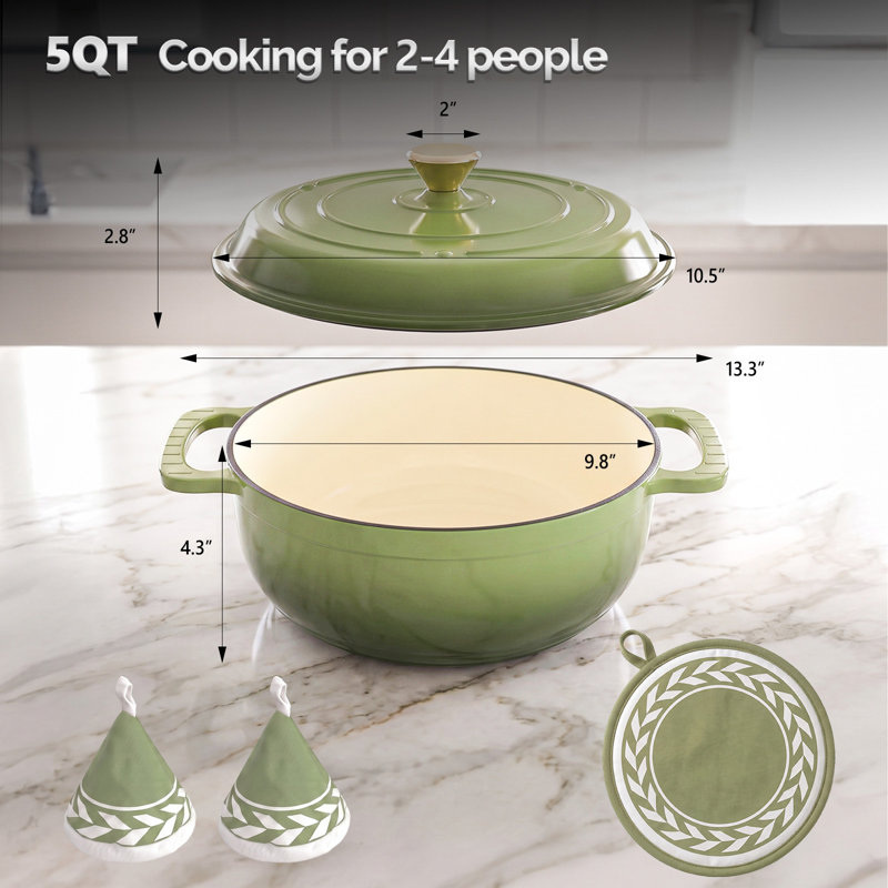 5 pintes Faitout rond en fonte en vert avec couvercle, Vert, 5 pte