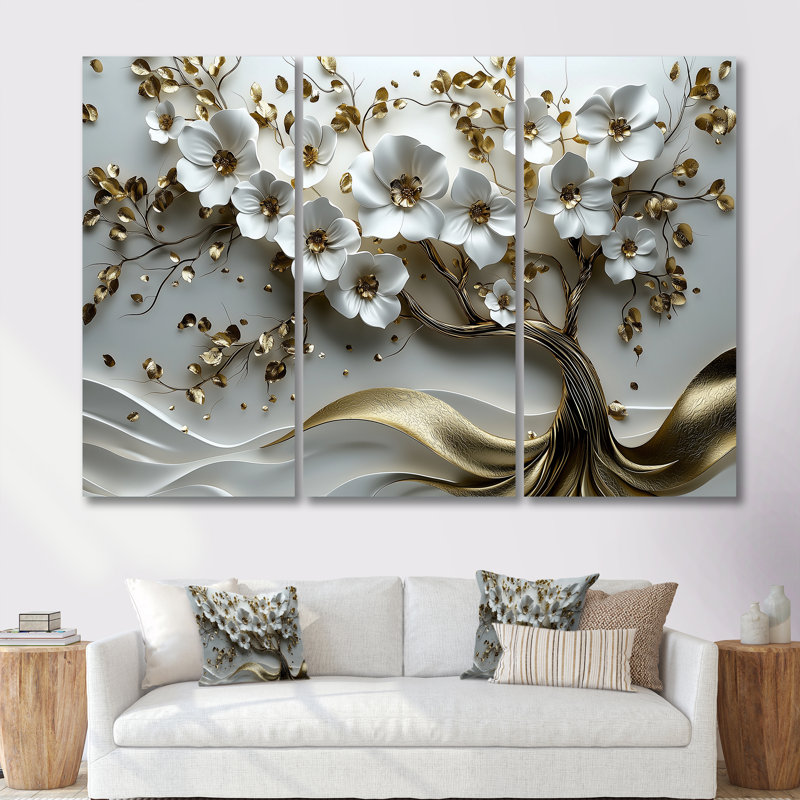 Ensemble de décorations murales cerisier blanc et or blanc I - Cherry Blossom, Toile tendue, H 60 po x l 84 po x P 1,5 po
