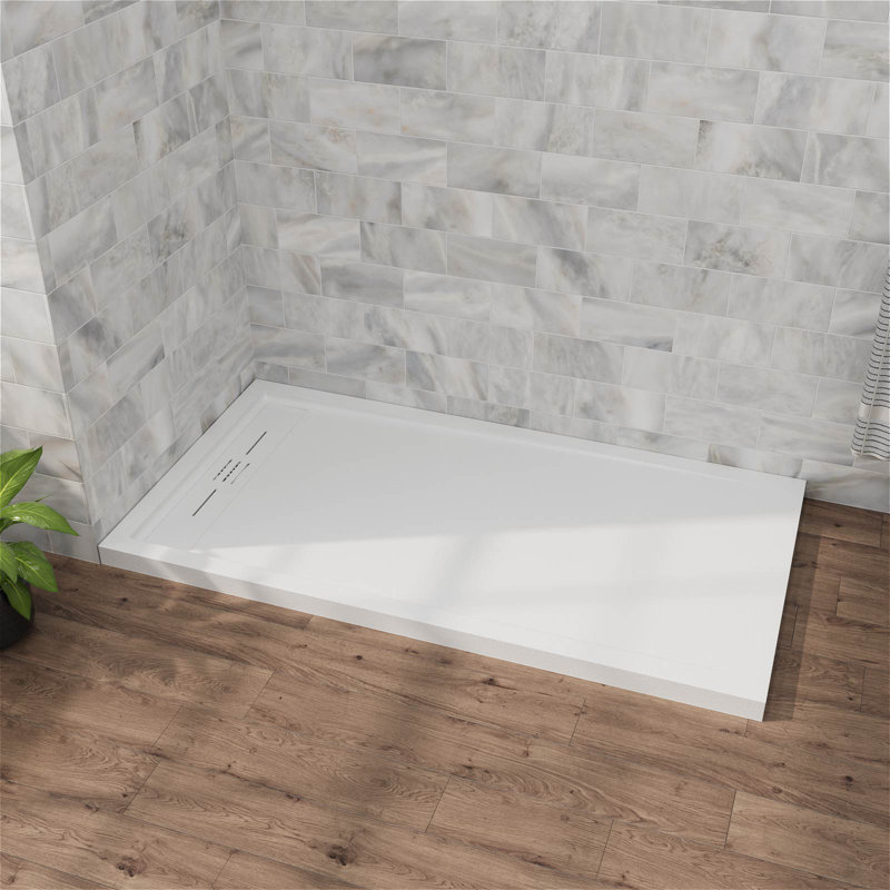 59" W X 31" D Solid Surface Shower Base, With Drain Assembly & Drain Cover, Textured No-Slip Design, Reversible Drain Location