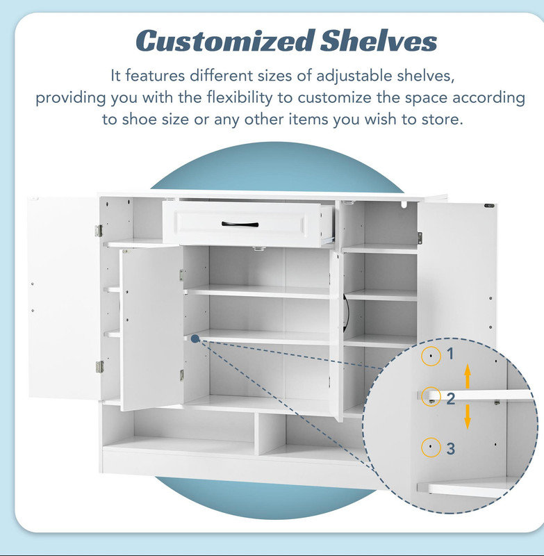 ON-TREND Sleek and Modern Shoe Cabinet with Adjustable Shelves, Minimalist Shoe Storage Organizer with Sturdy Top Surface, Space-saving Design Side Board for Various Sizes of Items, White