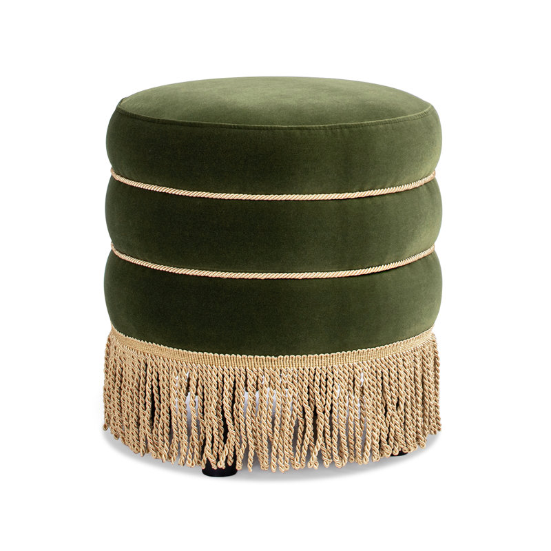 Edward 17.5" Round Upholstered Ottoman With Bullion Fringe, Green