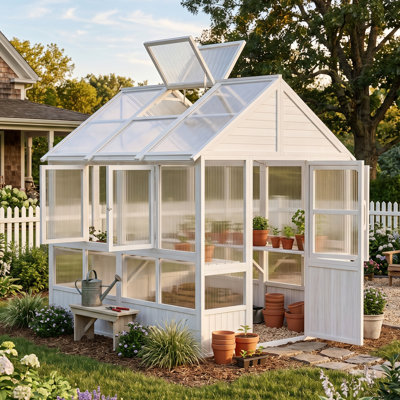 Fir Wood Walk-In Greenhouse with Adjustable Roof Vent, Lockable Door & Shelves