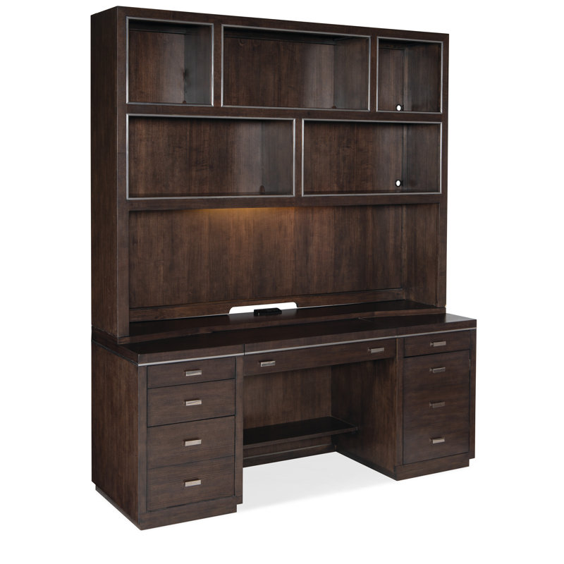 Dark Brown Hardwood Credenza Hutch with Shelves