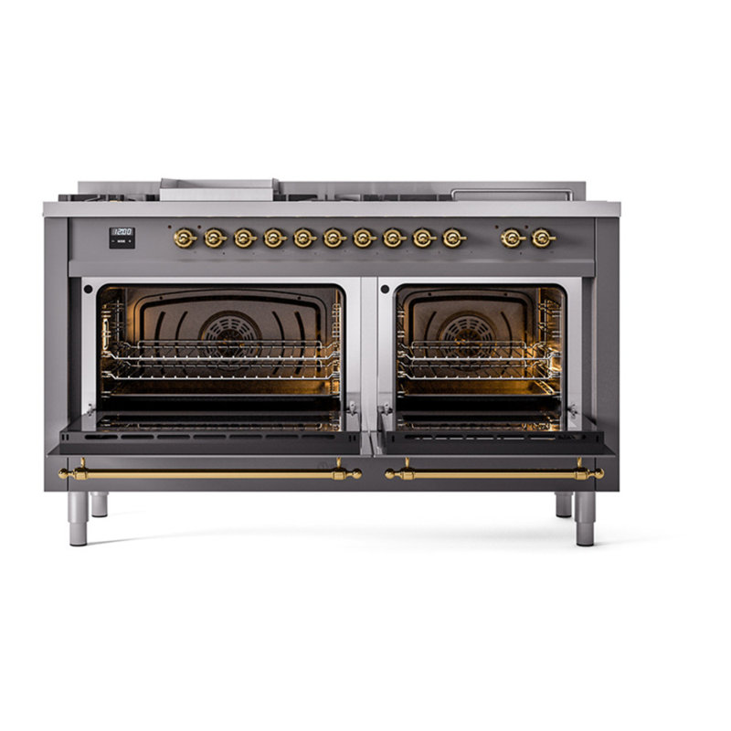 Cuisinière à double combustible ILVE Nostalgie II Series 60 po avec 7 brûleurs scellés, plaque de cuisson et table française (propane liquide, porte pleine)