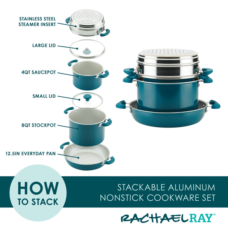 Rachael Ray Create Delicious Stackable Nonstick Cookware Induction Pots and Pans Set, 8 Piece, Teal