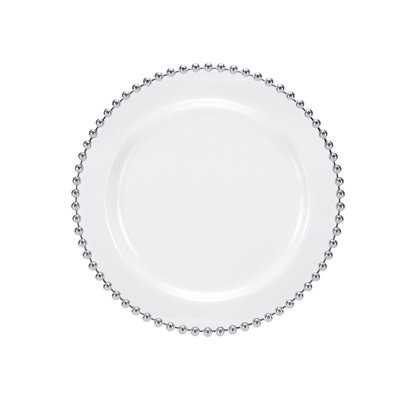  Assiette plate ronde blanche perlée argentée de 10,5 pouces - pour les mariages, les fêtes, la restauration et les buffets (30)