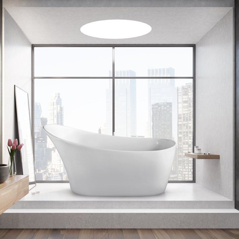 63" Streamline Freestanding Soaking Acrylic Bathtub With Drain and Bamboo Tray, Polished Gold