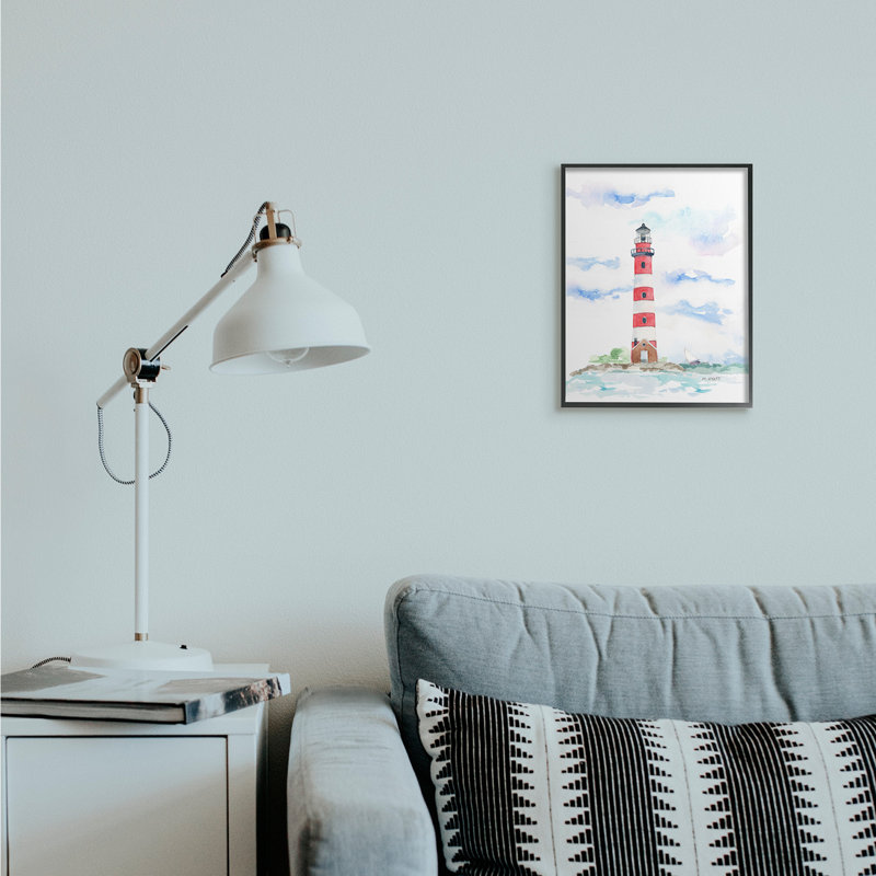 Phare à rayures rouges, paysage côtier doux, Giclée encadrée noir minuit, H 14 po x l 11 po