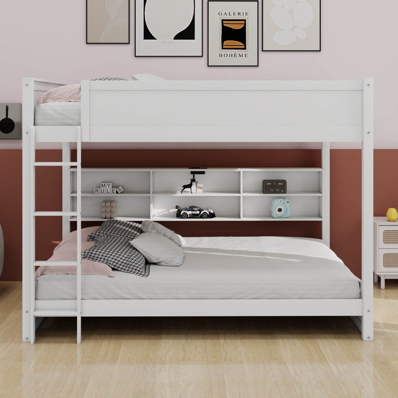 Queen Over Queen Bunk Bed With Storage Cabinets And Charging Station, Wood Bunk Bed With Storage Bookcase Shelves, White