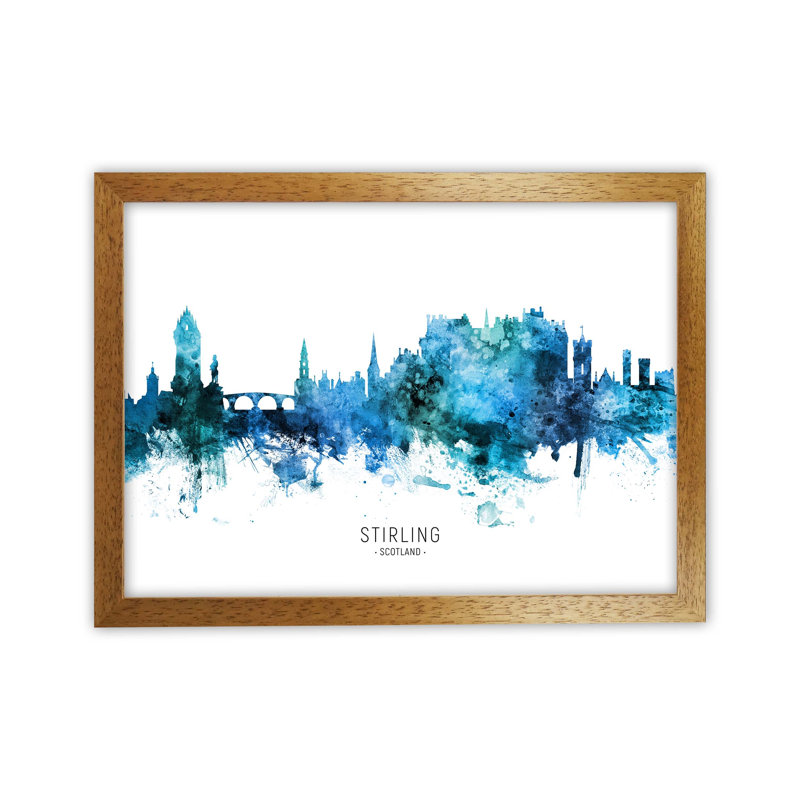 Stirling Scotland Skyline Blue City Name by Michael Tompsett - Print, 25cm H x 34cm W x 3cm D, Oak Framed
