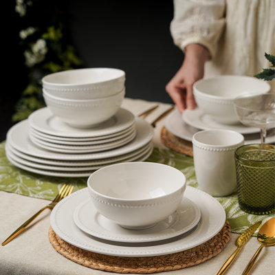 Service de table en porcelaine 32 pièces avec rebord perlé, ensemble de bols et tasses en plaques blanches, service pour 8