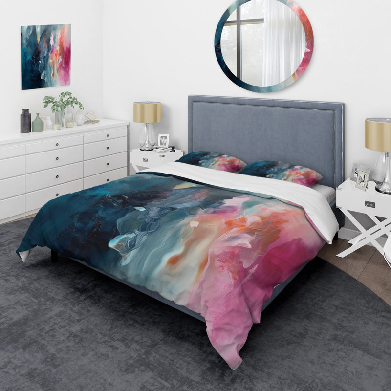 Ensemble de housse de couette en microfibre / polyester bleu et rose, Housse de couette pour très grand lit et 2 très