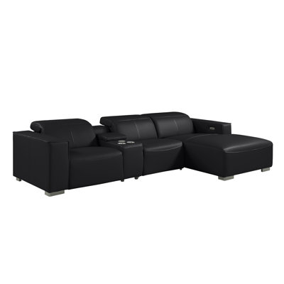 Black Right-Facing 4-Piece L-Shaped Sectional In Genuine Leather With 1 Power Recliners & Adjustable Headrests