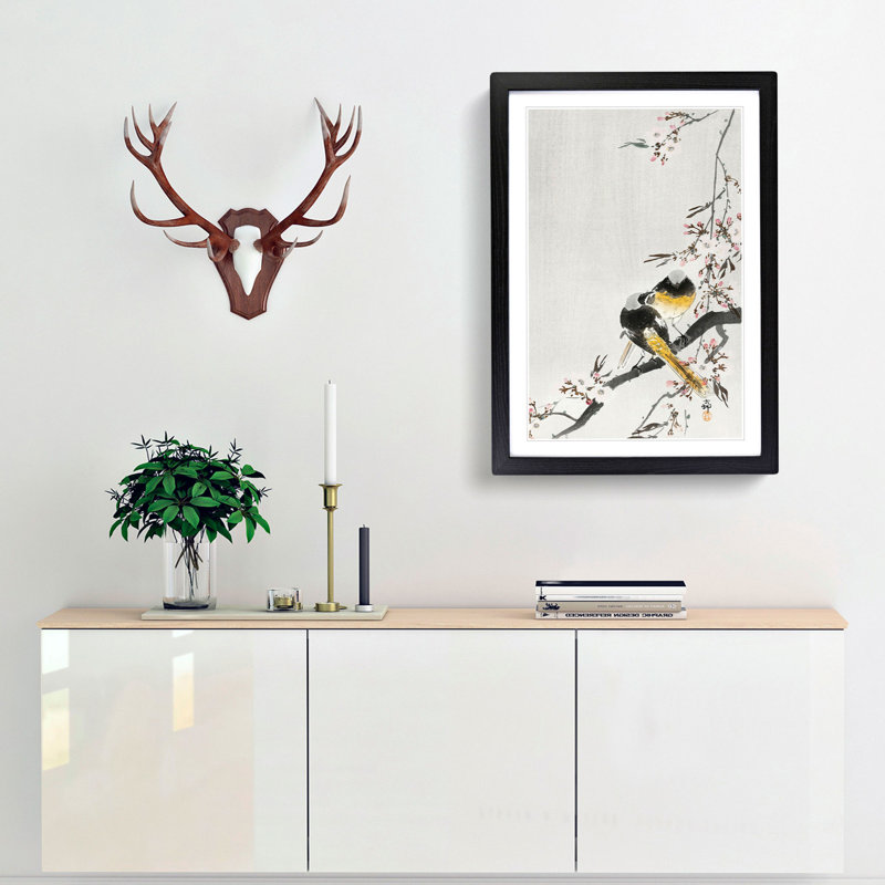 Two Sable Red Tails and Cherry Blossom by Ohara Koson - Picture Frame Painting Print, Black Framed, 65cm H x 48cm W x 2cm D