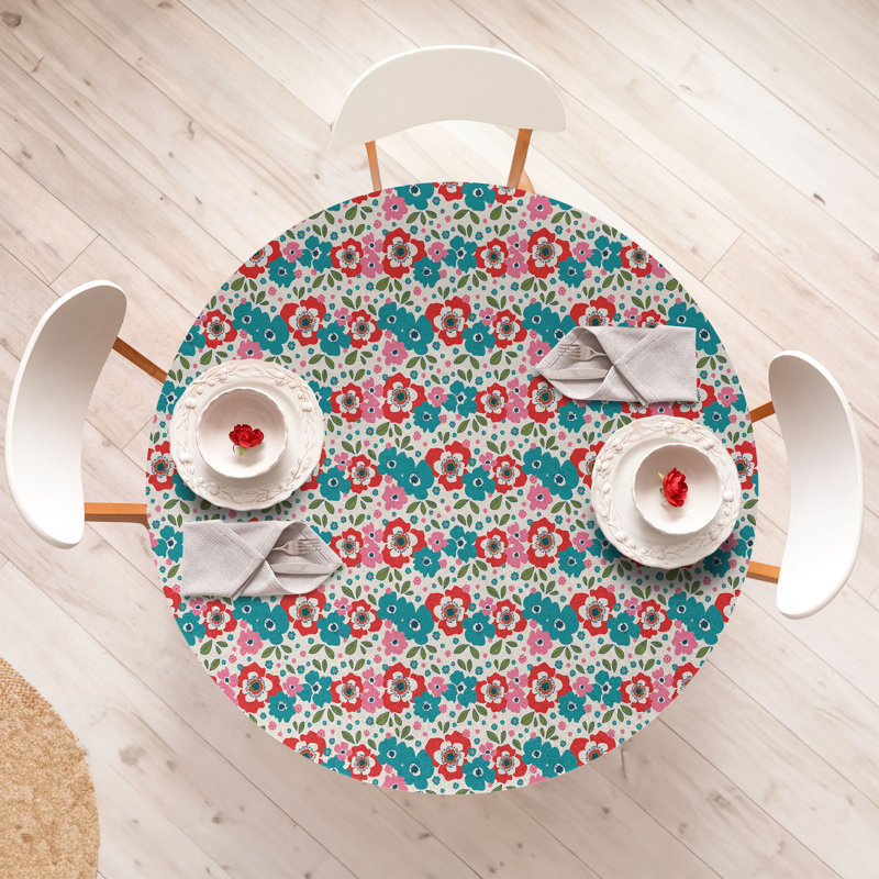 Winston Porter Flowers Fitted Round Tablecloth Multicolor, 51.97" Round