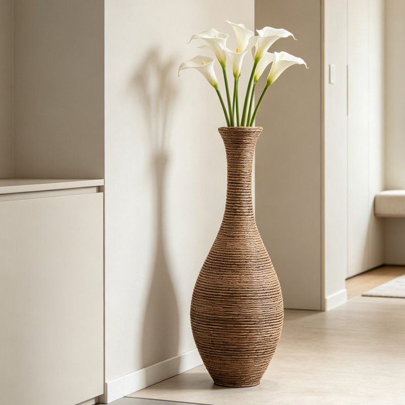 39-Inch Tall Artificial Rattan Floor Vase In Elegant Beige - Statement Piece For Living Room Decor, Entryway, Or Hallway - Versatile Home Accent For Dried Or Silk Floral Arrangements