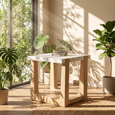 Mobilya 24" W x 24" D x 24" H Faux Marble Top Two-Tone Rubberwood End Table